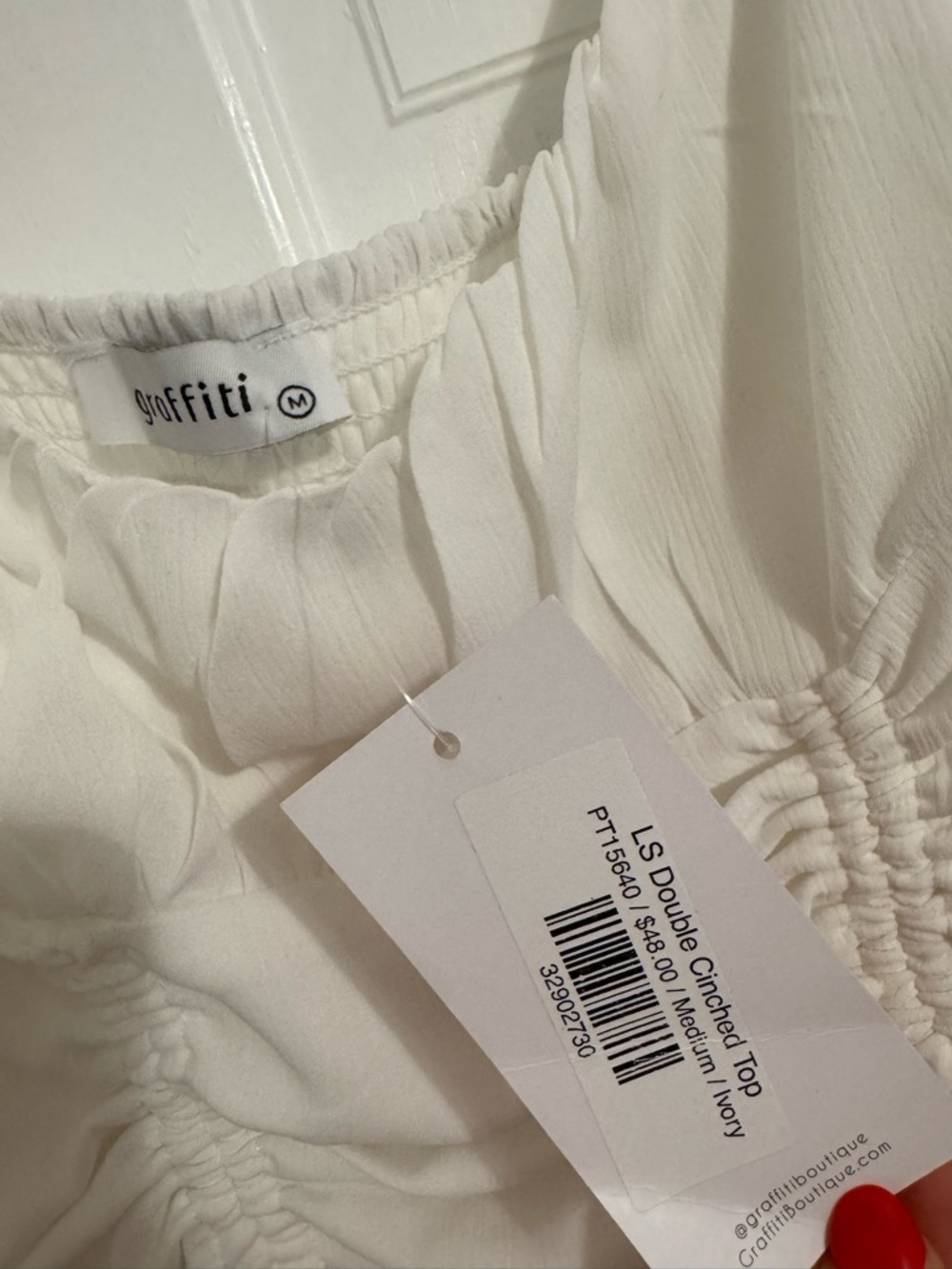 White Ruched Long-Sleeve Drawstring Crop Top - Picture 2 of 2